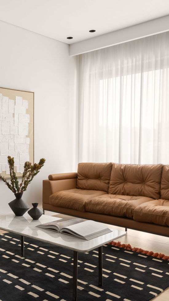 Modern living space in White City Limassol Aparthotel featuring a stylish tan leather sofa, elegant decor, and soft sheer curtains diffusing natural light.